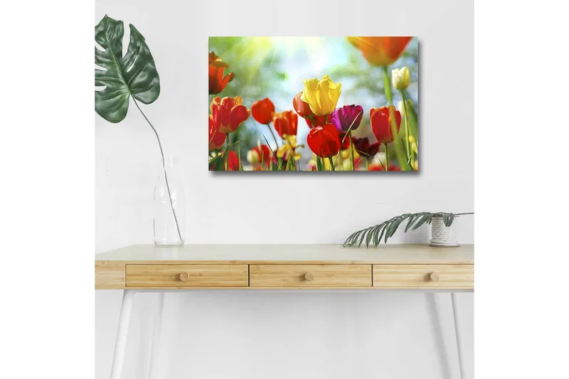Lerretsbilde med LED-belysning - Fargerik bukett med tulipaner - Rød / Gul / Lilla - Innredning - Bilder & kunst - Lerretsbilder