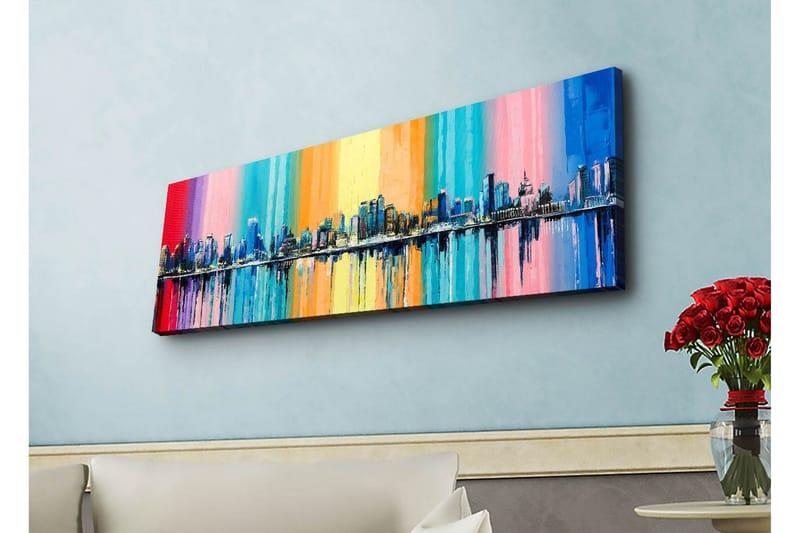 Lerretsbilde med LED-belysning - Fargerik bybilde med skyline og refleksjoner i vann - Blå / Rosa / Oransje - Innredning - Bilder & kunst - Lerretsbilder