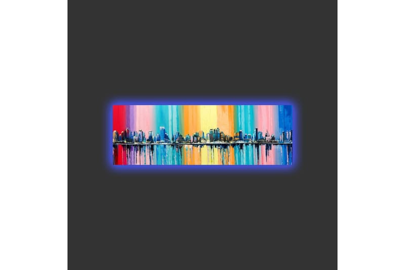 Lerretsbilde med LED-belysning - Fargerik bybilde med skyline og refleksjoner i vann - Blå / Rosa / Oransje - Innredning - Bilder & kunst - Lerretsbilder