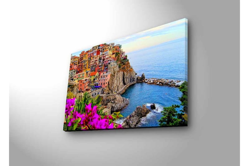 Lerretsbilde med LED-belysning - Fargerik kystlandsby med fargerike hus og havutsikt - Lilla / Oransje / Blå - Innredning - Bilder & kunst - Lerretsbilder