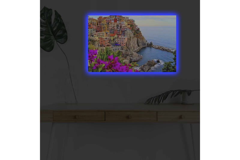 Lerretsbilde med LED-belysning - Fargerik kystlandsby med fargerike hus og havutsikt - Lilla / Oransje / Blå - Innredning - Bilder & kunst - Lerretsbilder