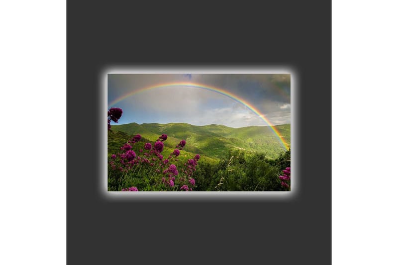 Lerretsbilde med LED-belysning - Fargerik regnbue over grønne fjell og blomster - Grønn / Lilla / Blå - Innredning - Bilder & kunst - Lerretsbilder