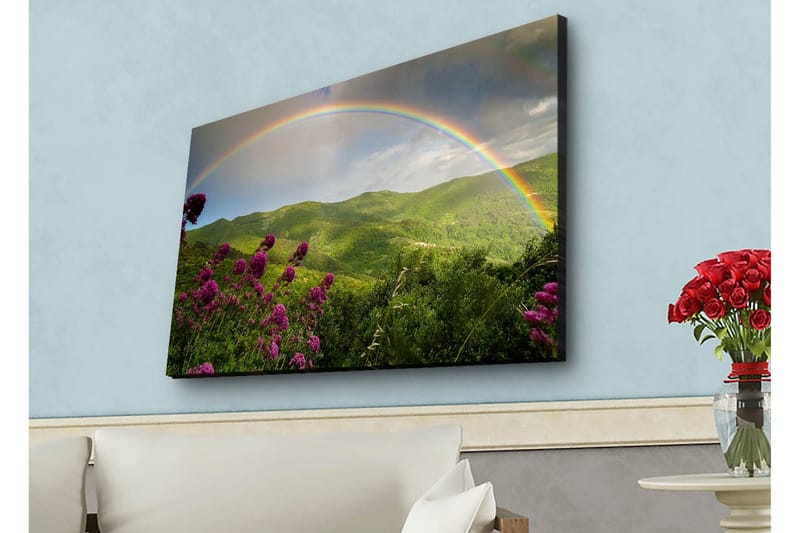 Lerretsbilde med LED-belysning - Fargerik regnbue over grønne fjell og blomster - Grønn / Lilla / Blå - Innredning - Bilder & kunst - Lerretsbilder