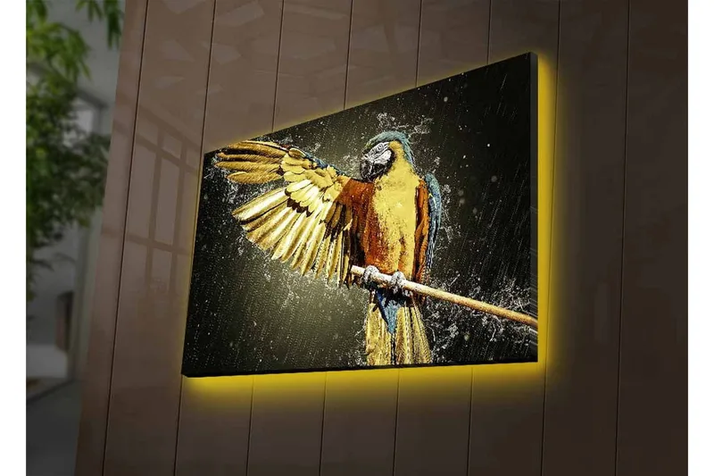 Lerretsbilde med LED-belysning - Fargerik papegøye med utstrakte vinger - Gull / Blå / Grønn - Innredning - Bilder & kunst - Lerretsbilder