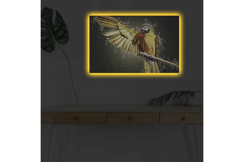 Lerretsbilde med LED-belysning - Fargerik papegøye med utstrakte vinger - Gull / Blå / Grønn - Innredning - Bilder & kunst - Lerretsbilder