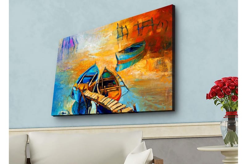 Lerretsbilde med LED-belysning - Fargerike båter ved en brygge i en solnedgang, Blå / Oransje / Gul
