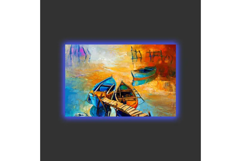 Lerretsbilde med LED-belysning - Fargerike båter ved en brygge i en solnedgang - Blå / Oransje / Gul - Innredning - Bilder & kunst - Lerretsbilder