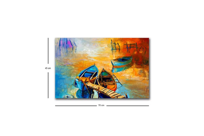 Lerretsbilde med LED-belysning - Fargerike båter ved en brygge i en solnedgang - Blå / Oransje / Gul - Innredning - Bilder & kunst - Lerretsbilder