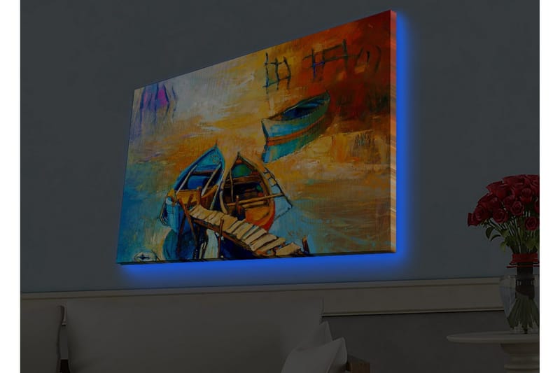 Lerretsbilde med LED-belysning - Fargerike båter ved en brygge i en solnedgang - Blå / Oransje / Gul - Innredning - Bilder & kunst - Lerretsbilder