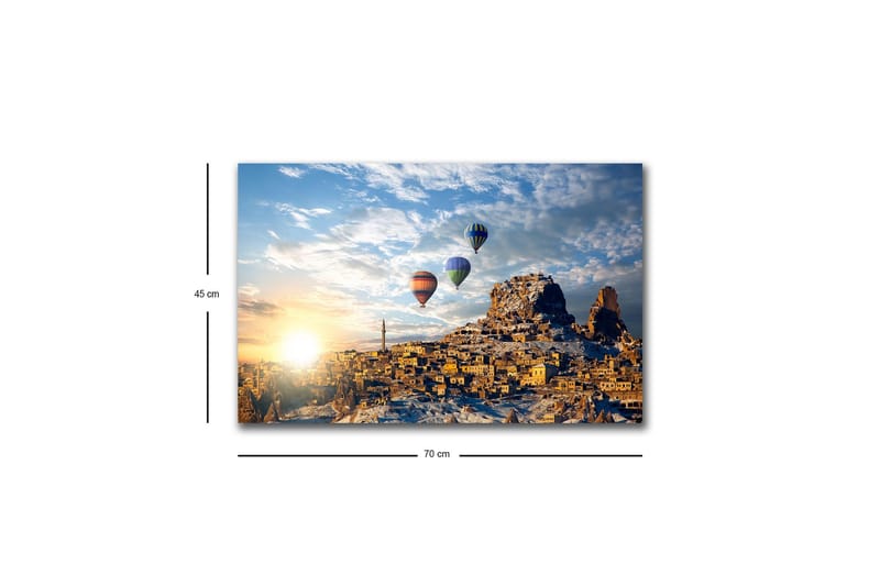 Lerretsbilde med LED-belysning - Fargerike varmluftsballonger som svever over et fjelllandskap med solnedgang - Gull / Blå / Oransje - Innredning - Bilder & kunst - Lerretsbilder