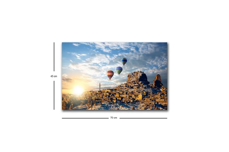 Lerretsbilde med LED-belysning - Fargerike varmluftsballonger som svever over et fjelllandskap med solnedgang - Gull / Blå / Oransje - Innredning - Bilder & kunst - Lerretsbilder