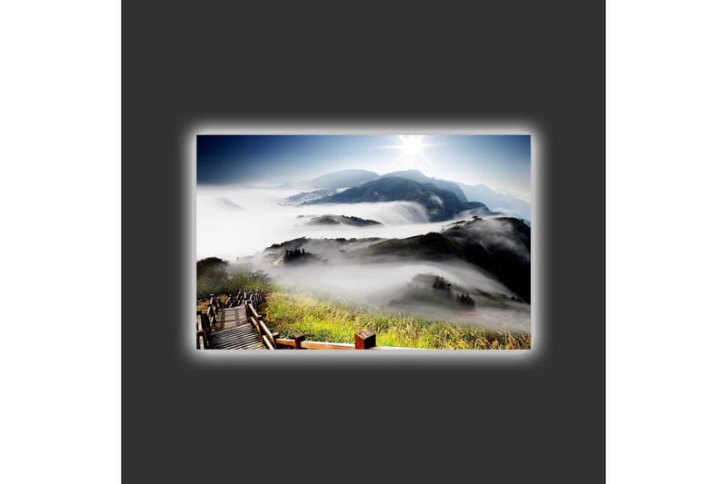 Lerretsbilde med LED-belysning - Fjelllandskap med tåke og solstråler - Grønn / Blå / Hvit - Innredning - Bilder & kunst - Lerretsbilder