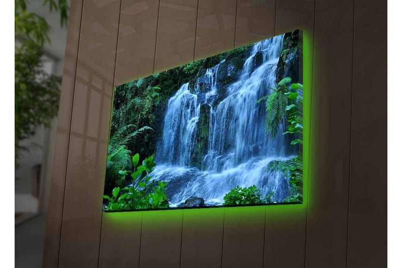 Lerretsbilde med LED-belysning - Foss omgitt av frodig grøntområde - Grønn / Blå / Hvit - Innredning - Bilder & kunst - Lerretsbilder