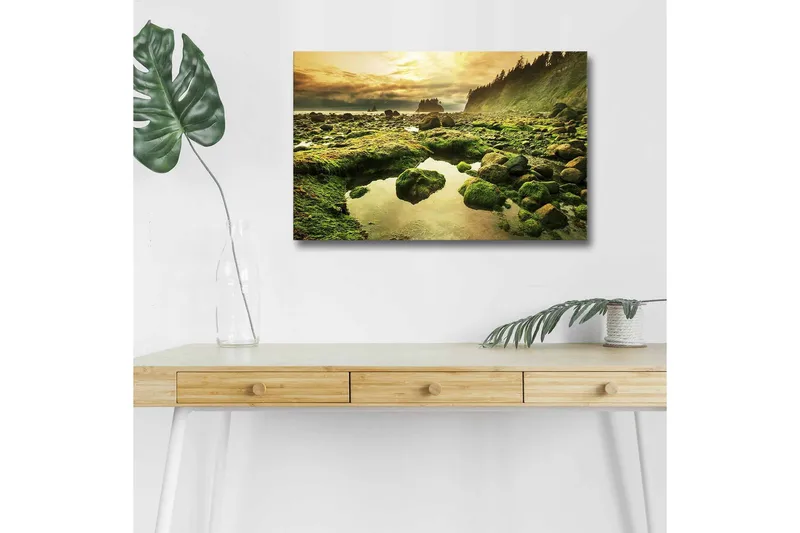 Lerretsbilde med LED-belysning - Frodig kystlandskap med klipper og speillignende vannpytter, Grønn / Brun / Gul