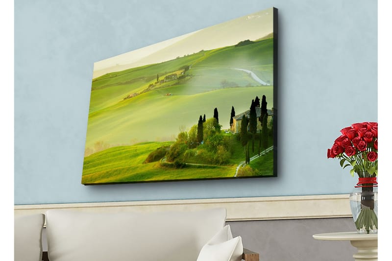 Lerretsbilde med LED-belysning - Frodig landskap med bølgende grønne åser og sypresser - Grønn / Lys grønn / Brun - Innredning - Bilder & kunst - Lerretsbilder