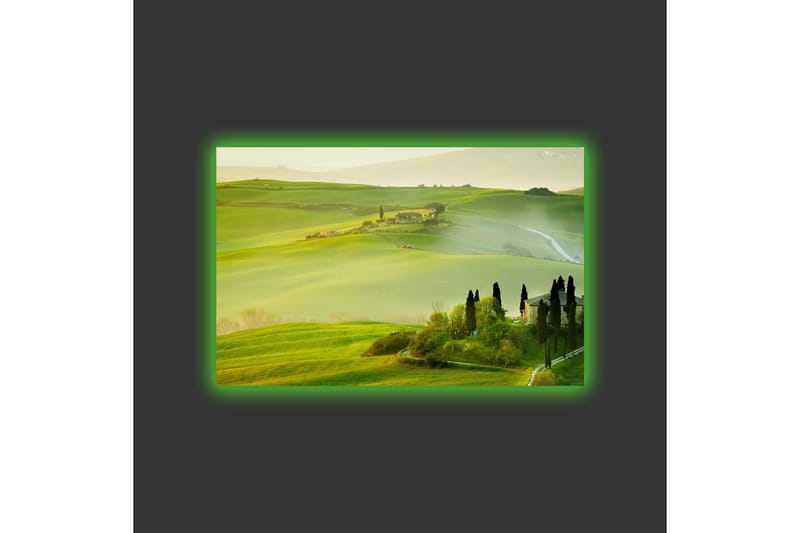 Lerretsbilde med LED-belysning - Frodig landskap med bølgende grønne åser og sypresser - Grønn / Lys grønn / Brun - Innredning - Bilder & kunst - Lerretsbilder
