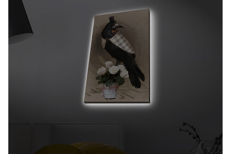 Lerretsbilde med LED-belysning - Fugl i elegant antrekk med en rosebukett, Svart / Lys rosa / Beige