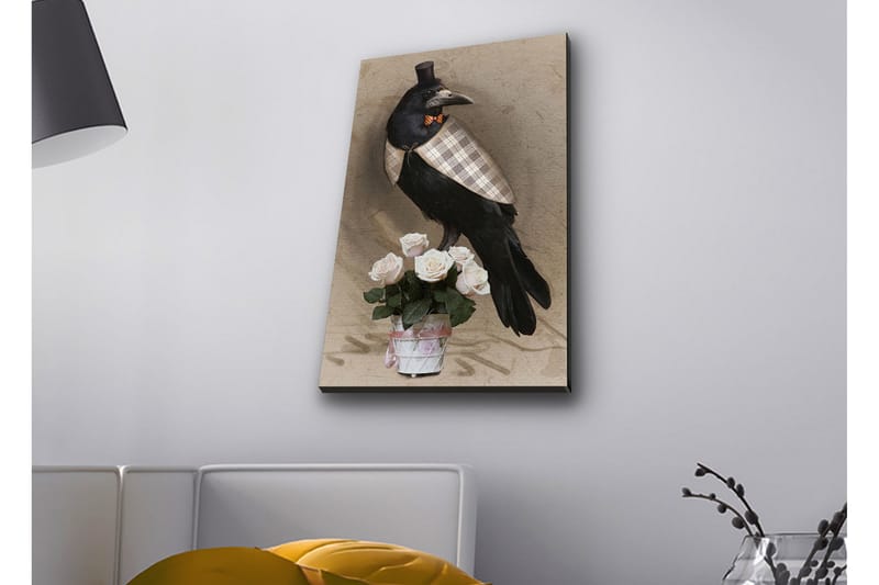 Lerretsbilde med LED-belysning - Fugl i elegant antrekk med en rosebukett - Svart / Lys rosa / Beige - Innredning - Bilder & kunst - Lerretsbilder