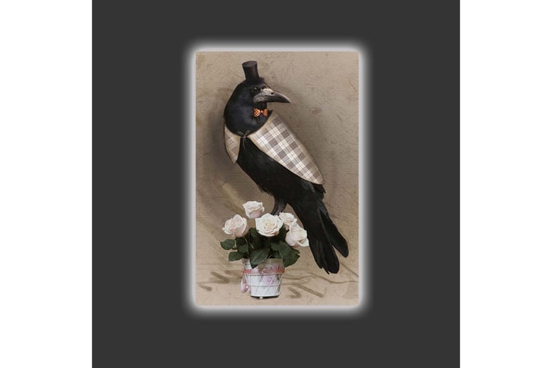 Lerretsbilde med LED-belysning - Fugl i elegant antrekk med en rosebukett - Svart / Lys rosa / Beige - Innredning - Bilder & kunst - Lerretsbilder