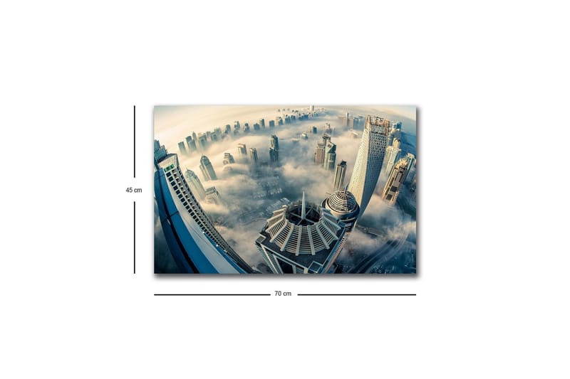 Lerretsbilde med LED-belysning - Futuristisk bybilde med høye skyskrapere i tåke - Grå / Blå / Beige - Innredning - Bilder & kunst - Lerretsbilder