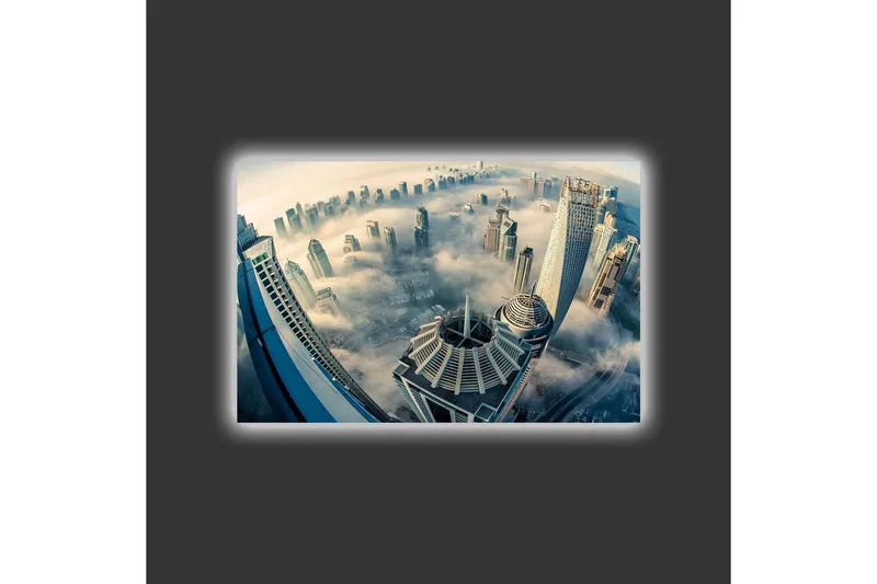 Lerretsbilde med LED-belysning - Futuristisk bybilde med høye skyskrapere i tåke - Grå / Blå / Beige - Innredning - Bilder & kunst - Lerretsbilder