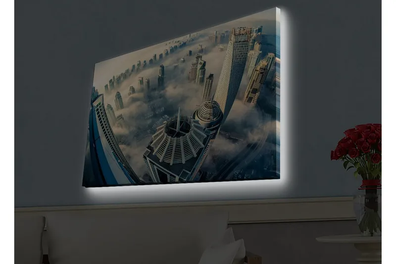 Lerretsbilde med LED-belysning - Futuristisk bybilde med høye skyskrapere i tåke, Grå / Blå / Beige