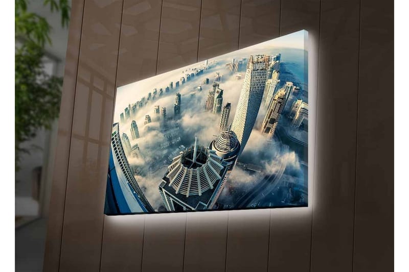 Lerretsbilde med LED-belysning - Futuristisk bybilde med skyskrapere i tåke - Grå / Blå / Hvit - Innredning - Bilder & kunst - Lerretsbilder