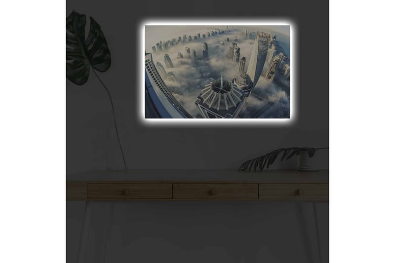 Lerretsbilde med LED-belysning - Futuristisk bybilde med skyskrapere i tåke - Grå / Blå / Hvit - Innredning - Bilder & kunst - Lerretsbilder