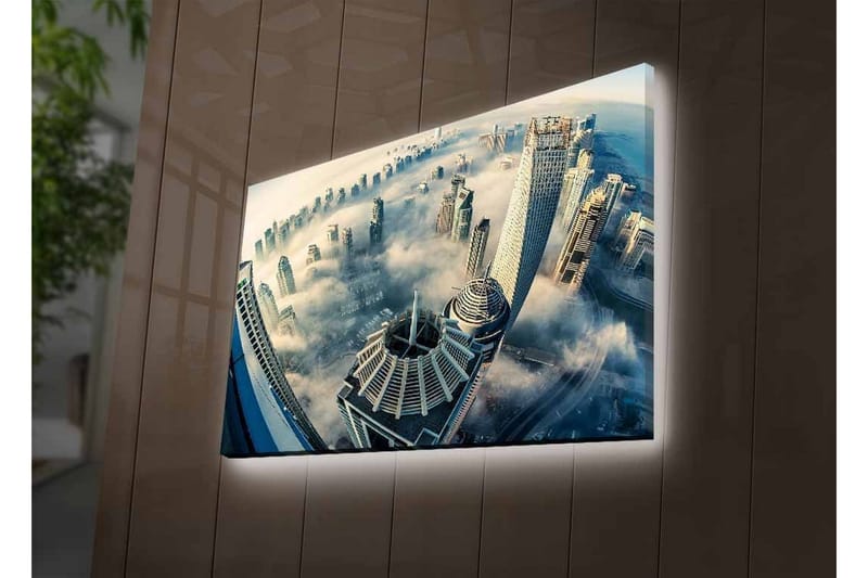 Lerretsbilde med LED-belysning - Futuristisk bybilde med skyskrapere i tåke - Grå / Blå / Hvit - Innredning - Bilder & kunst - Lerretsbilder