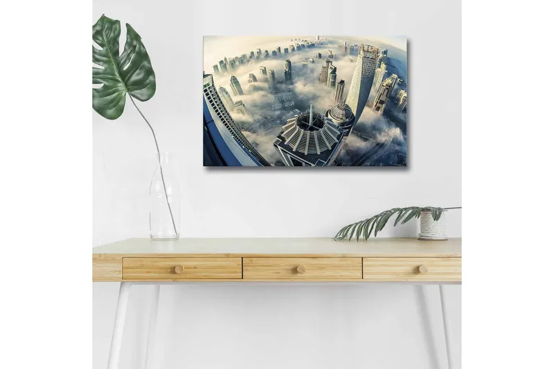 Lerretsbilde med LED-belysning - Futuristisk bybilde med skyskrapere i tåke, Grå / Blå / Hvit