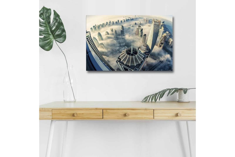 Lerretsbilde med LED-belysning - Futuristisk bybilde med skyskrapere i tåke - Grå / Blå / Hvit - Innredning - Bilder & kunst - Lerretsbilder