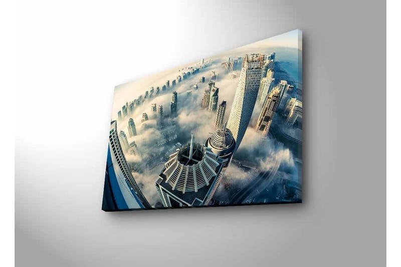 Lerretsbilde med LED-belysning - Futuristisk bybilde med skyskrapere i tåke - Grå / Blå / Hvit - Innredning - Bilder & kunst - Lerretsbilder