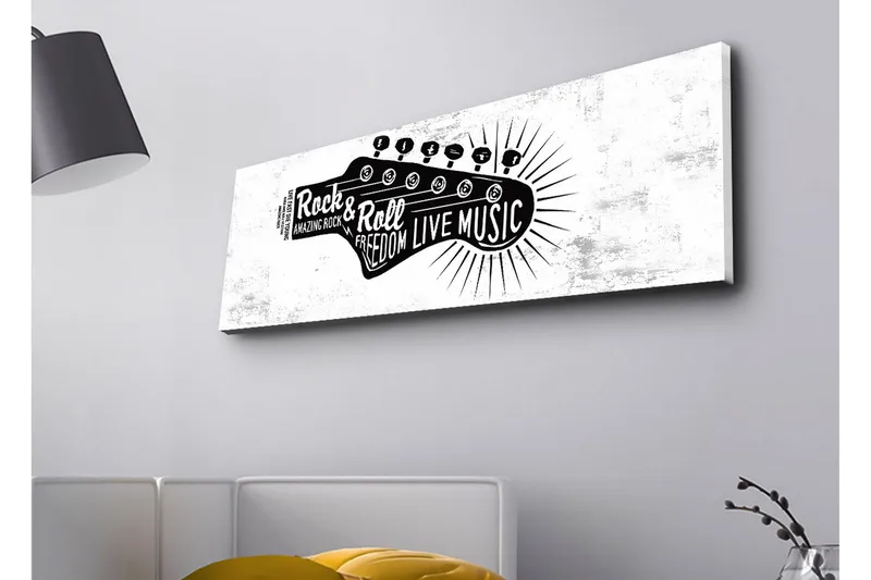 Lerretsbilde med LED-belysning - Gitar med tekst som hyller rockemusikk og frihet, Svart / Hvit