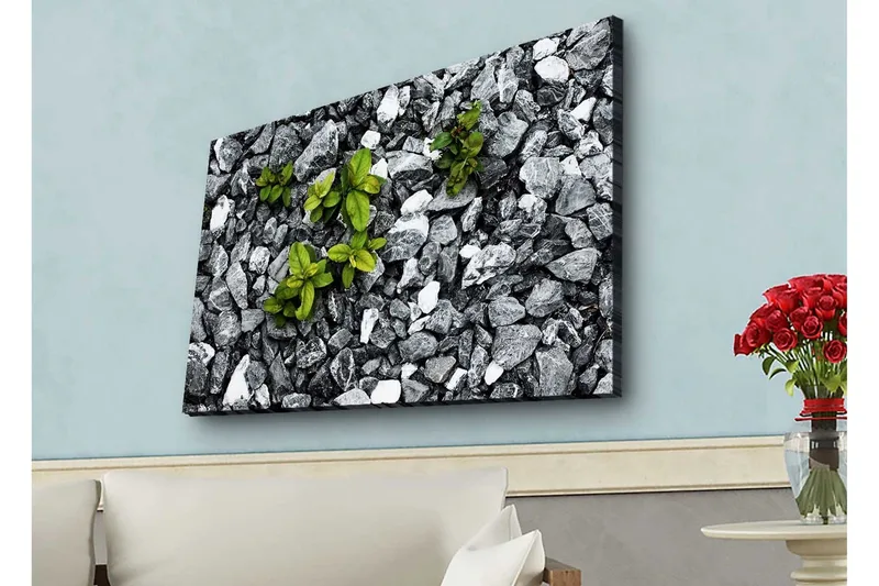 Lerretsbilde med LED-belysning - Grå steinete overflate med grønne planter som vokser ut, Grå / Grønn