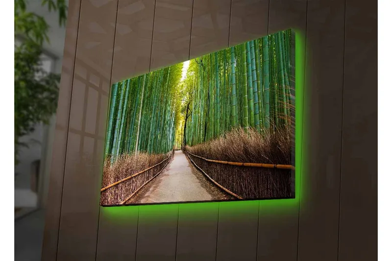 Lerretsbilde med LED-belysning - Grønn bambusskog med en sti som fører gjennom trærne - Grønn / Brun - Innredning - Bilder & kunst - Lerretsbilder