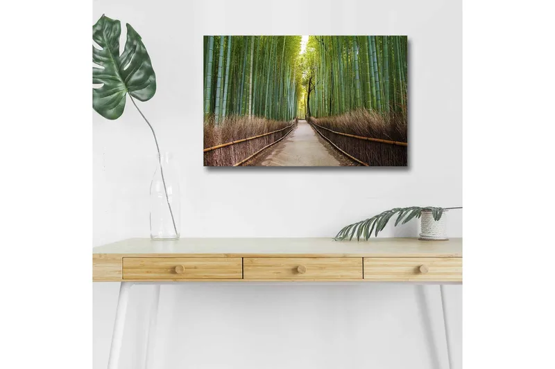 Lerretsbilde med LED-belysning - Grønn bambusskog med en sti som fører gjennom trærne, Grønn / Brun