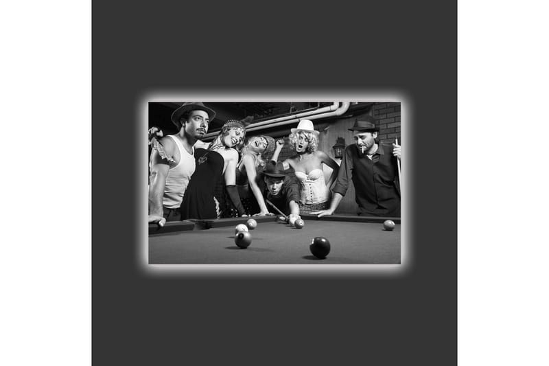 Lerretsbilde med LED-belysning - Gruppe av mennesker som spiller biljard i nostalgiske omgivelser - Svart / Hvit / Grå - Innredning - Bilder & kunst - Lerretsbilder