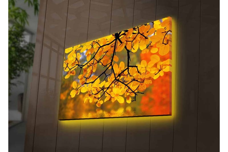 Lerretsbilde med LED-belysning - Gyldne høstblader som henger fra en gren - Gull / Grønn / Oransje - Innredning - Bilder & kunst - Lerretsbilder