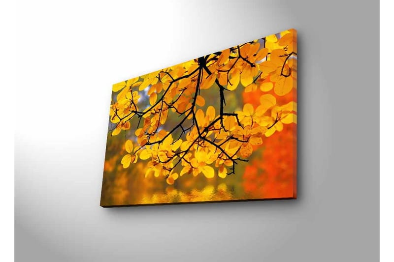 Lerretsbilde med LED-belysning - Gyldne høstblader som henger fra en gren - Gull / Grønn / Oransje - Innredning - Bilder & kunst - Lerretsbilder