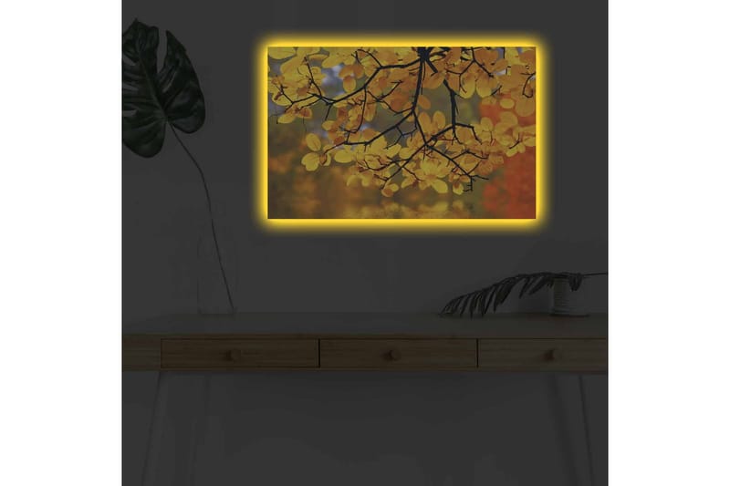 Lerretsbilde med LED-belysning - Gyldne høstblader som henger fra en gren - Gull / Grønn / Oransje - Innredning - Bilder & kunst - Lerretsbilder