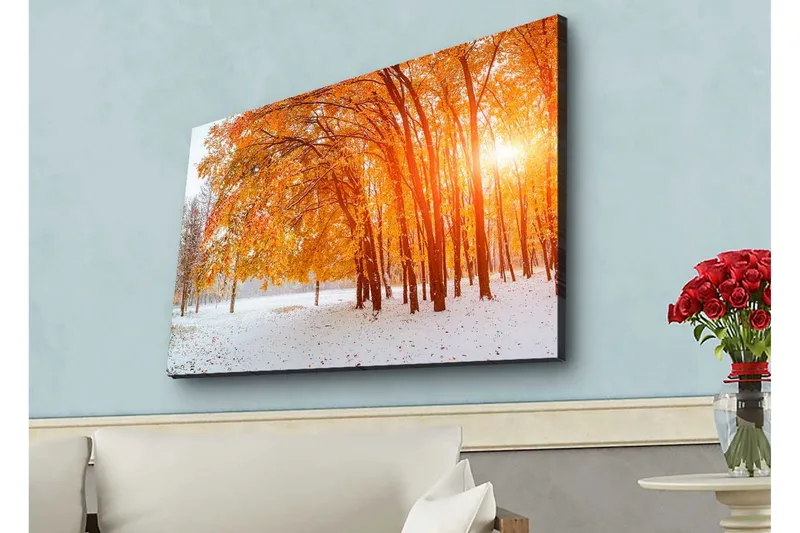 Lerretsbilde med LED-belysning - Gyllen høstskog med solstråler som skinner gjennom trærne - Oransje / Gull / Hvit - Innredning - Bilder & kunst - Lerretsbilder