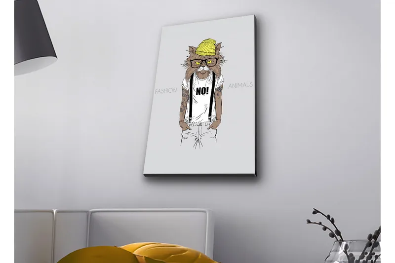 Lerretsbilde med LED-belysning - Hipster-stil katt i klær og briller - Gul / Brun / Hvit - Innredning - Bilder & kunst - Lerretsbilder