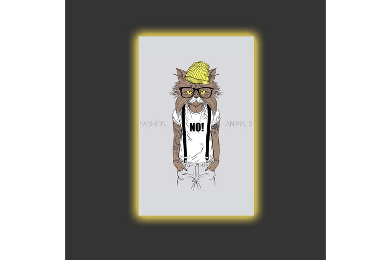 Lerretsbilde med LED-belysning - Hipster-stil katt i klær og briller - Gul / Brun / Hvit - Innredning - Bilder & kunst - Lerretsbilder
