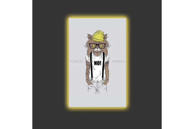 Lerretsbilde med LED-belysning - Hipster-stil katt i klær og briller - Gul / Brun / Hvit - Innredning - Bilder & kunst - Lerretsbilder