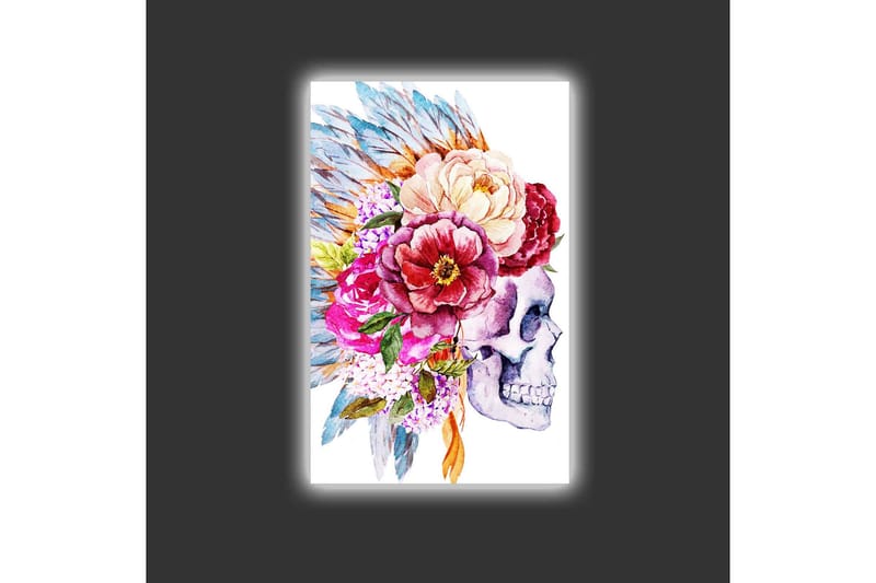 Lerretsbilde med LED-belysning - Hodeskalle dekorert med fargerike blomster og fjær - Lilla / Rosa / Grønn - Innredning - Bilder & kunst - Lerretsbilder