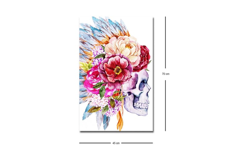 Lerretsbilde med LED-belysning - Hodeskalle dekorert med fargerike blomster og fjær - Lilla / Rosa / Grønn - Innredning - Bilder & kunst - Lerretsbilder
