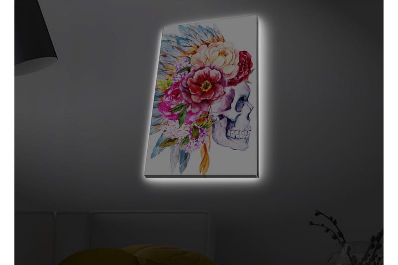 Lerretsbilde med LED-belysning - Hodeskalle dekorert med fargerike blomster og fjær - Lilla / Rosa / Grønn - Innredning - Bilder & kunst - Lerretsbilder