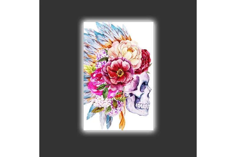 Lerretsbilde med LED-belysning - Hodeskalle dekorert med fargerike blomster og fjær - Lilla / Rosa / Grønn - Innredning - Bilder & kunst - Lerretsbilder