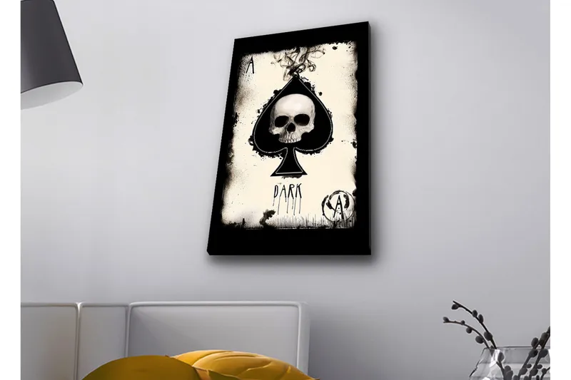 Lerretsbilde med LED-belysning - Hodeskalle i spadeform med mørke elementer - Svart / Hvit / Grå - Innredning - Bilder & kunst - Lerretsbilder