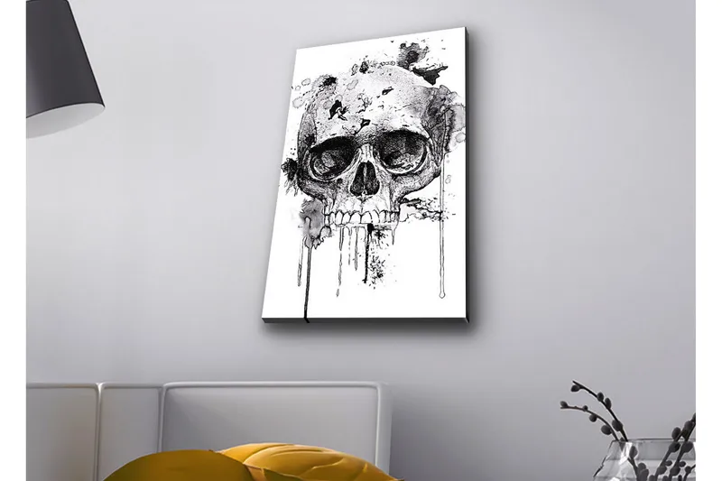 Lerretsbilde med LED-belysning - Hodeskalle med abstrakte blekkdetaljer, Svart / Grå